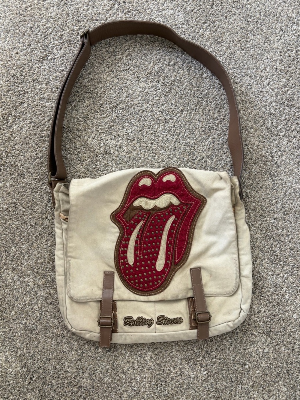 Original Vintage Rolling Stones Beige Canvas Crossbody Bag with Red Tongue Patch